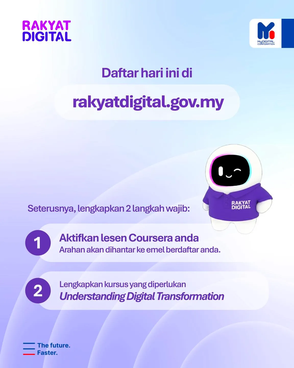 Poster langkah Coursera: daftar di rakyatdigital.gov.my, aktifkan lesen mengikut emel dan lengkapkan kursus Understanding Digital Transformation.